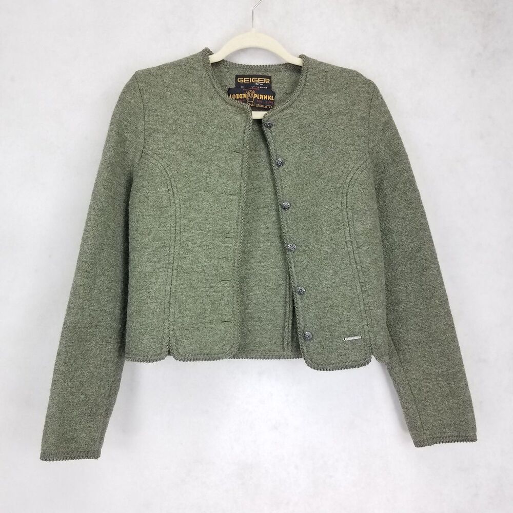 Geiger Tyrol Austria Boiled Wool Cardigan Jacket Buttons Vintage Green EU 40